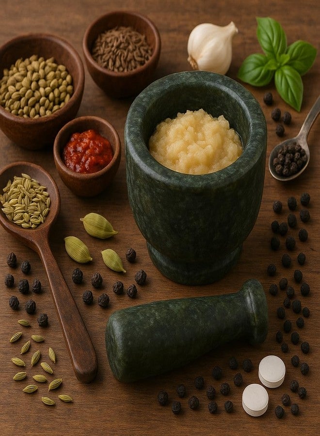 KunhaR Natural Green Marble Mortar and Pestle Set 3 x 2.5 Inches Full Polish - Imam Dasta Ohkli Musal Kharal Spice Grinder - Image 1